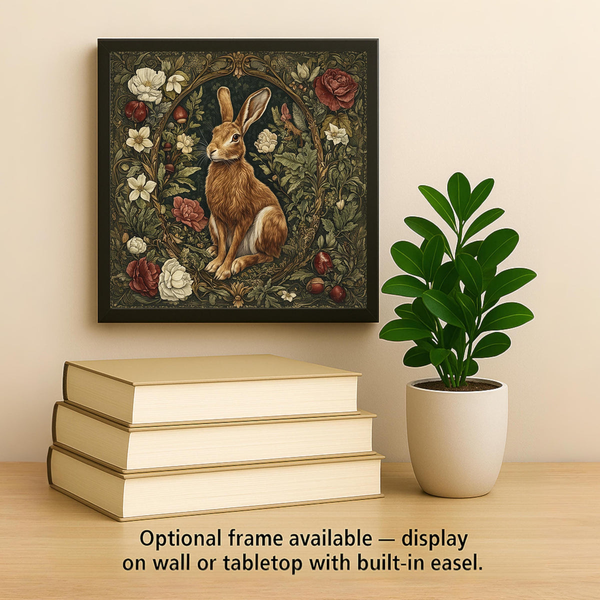 Woodland rabbit ceramic tile with Art Nouveau and William Morris floral design. Perfect for vintage decor, bunny lovers, or cottagecore homes. Glossy ceramic finish enhances earthy tones and ornate detail. A beautiful spring or Easter gift idea.
