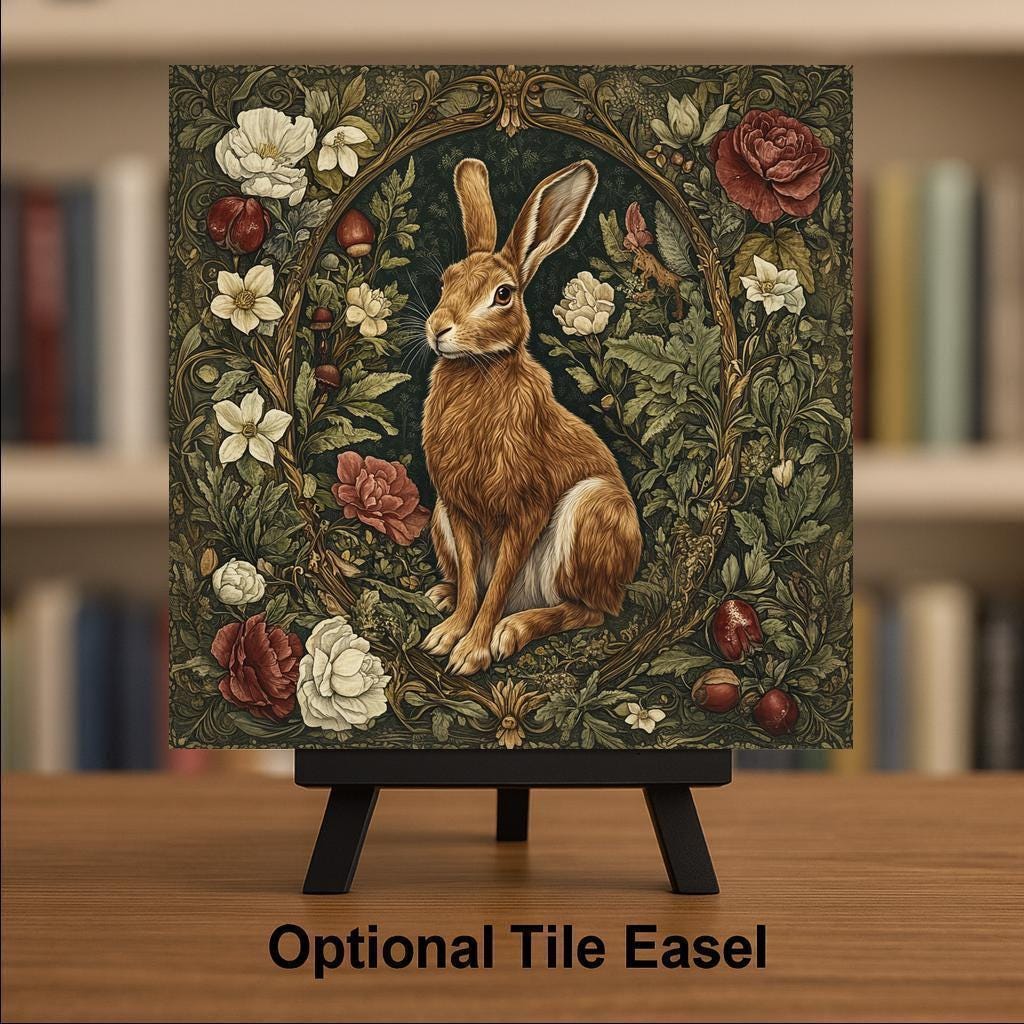 Rabbit Wall Art Ceramic Tile William Morris Gift Art Nouveau Woodland Hare Decor Rabbit Lover Botanical Nature