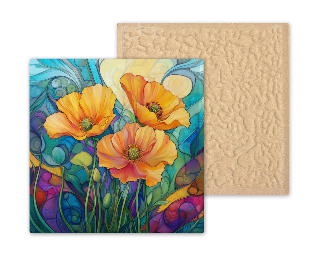 California Poppy Wall Art Ceramic Tile Stained Glass Style State Flower Gift Golden Poppy Decor Place Identity Art