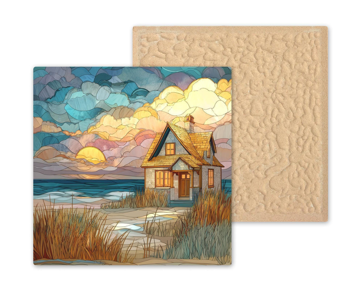 Coastal Cottage Stained Glass Style Ceramic Art Tile: Coastal Wall Decor Beach House Accent Ocean Home Decor Wall Art Nautical Cottage Art