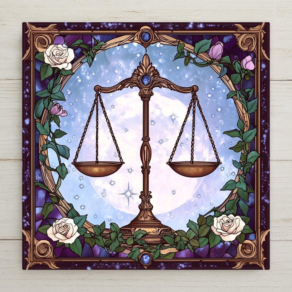 This Libra zodiac tile features a stained glass look with roses, a glowing moon, and ornate golden scales. A perfect astrology gift or wall art.