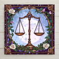 This Libra zodiac tile features a stained glass look with roses, a glowing moon, and ornate golden scales. A perfect astrology gift or wall art.