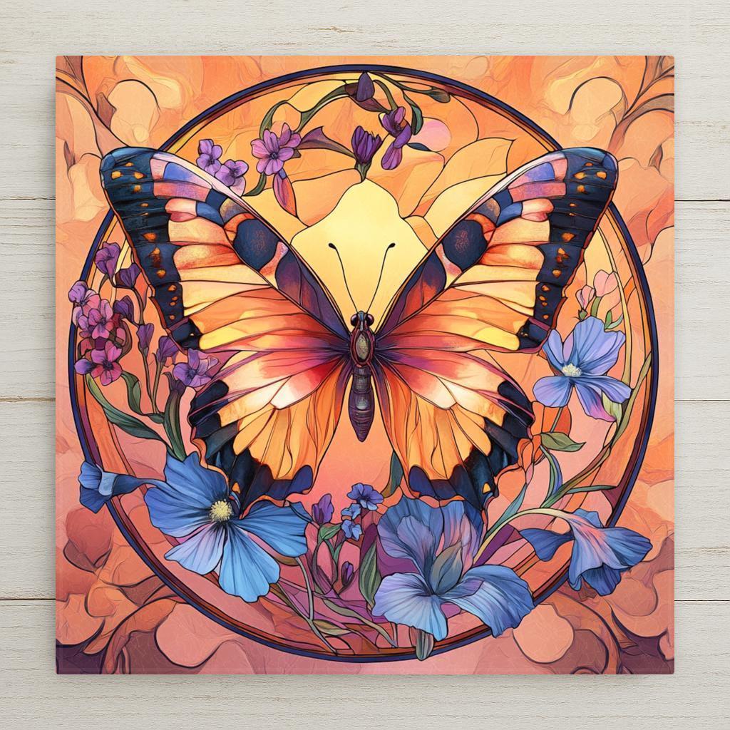 Stained glass style ceramic art tile of a colorful orange and pink butterfly among blue iris flowers on a warm sunset glass background with a leaded circular frame, floral nature and sympathy decor.