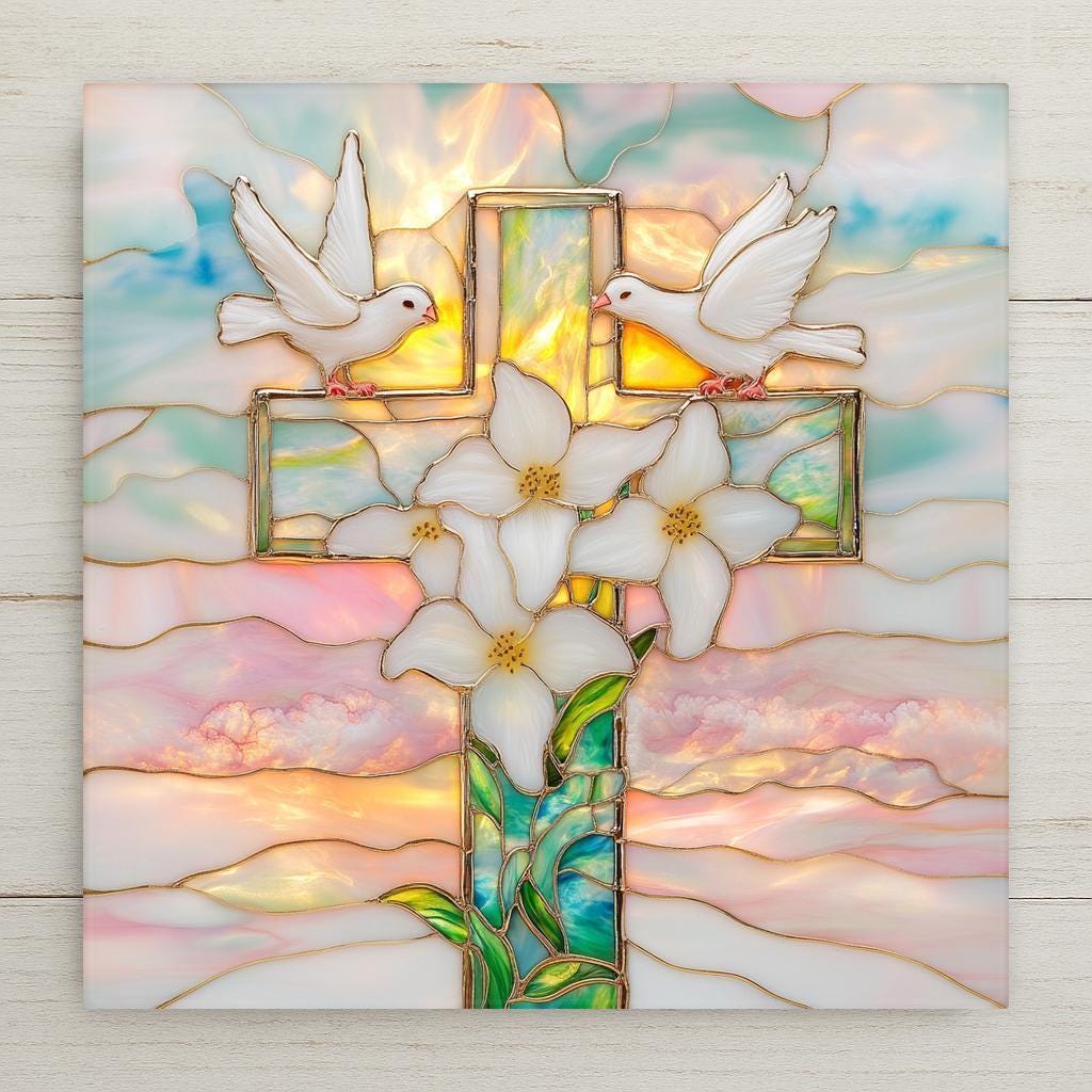 Stained glass style Christian cross ceramic tile in luminous teal cobalt and gold tones, symmetrical ornate design with jewel-like leaded glass panels, a meaningful faith home decor and religious gift.
