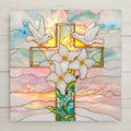 Stained glass style Christian cross ceramic tile in luminous teal cobalt and gold tones, symmetrical ornate design with jewel-like leaded glass panels, a meaningful faith home decor and religious gift.