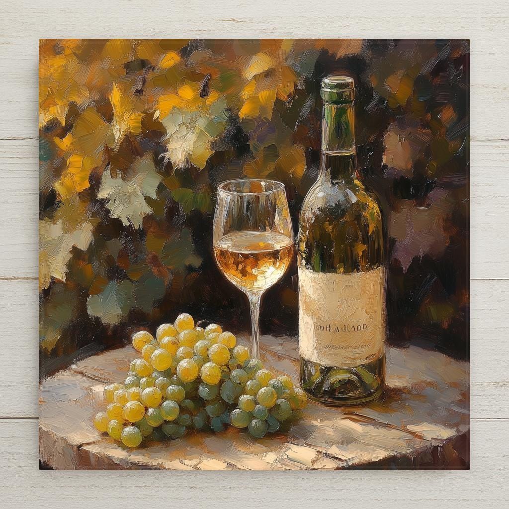 White wine bottle, glass, and grapes on rustic ceramic tile art. A cozy handmade fall accent or thoughtful wine-themed gift for vineyard lovers.