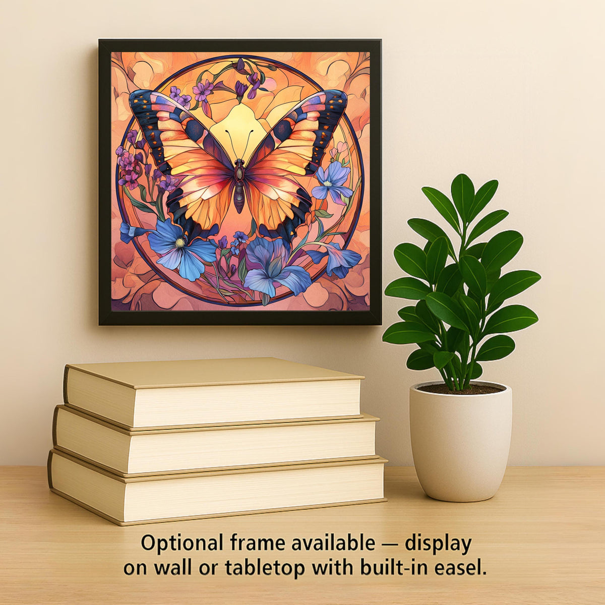 Butterfly Stained Glass Style Ceramic Art Tile – Colorful Floral Wall Decor, Warm Sunset Nature Accent