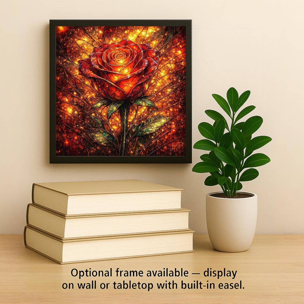 Glowing Rose Ceramic Tile Wall Art – Stained Glass Style Floral Home Decor, Romantic Botanical Art, Gift for Love & Anniversary