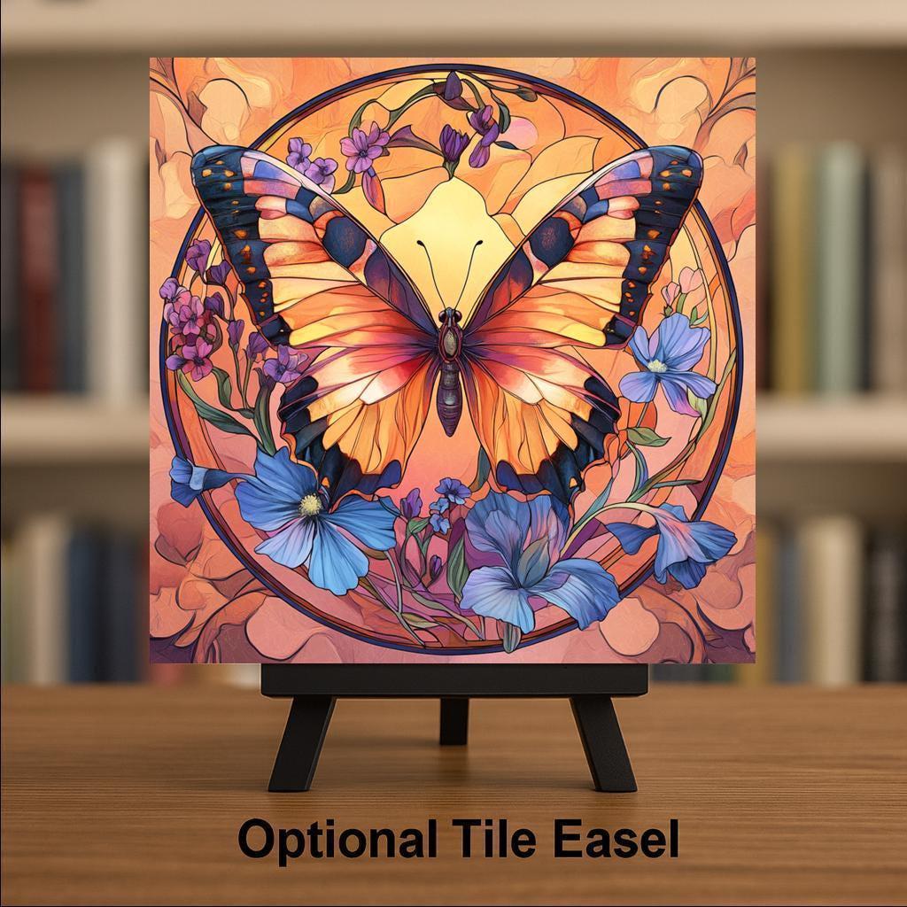 Butterfly Stained Glass Style Ceramic Art Tile – Colorful Floral Wall Decor, Warm Sunset Nature Accent