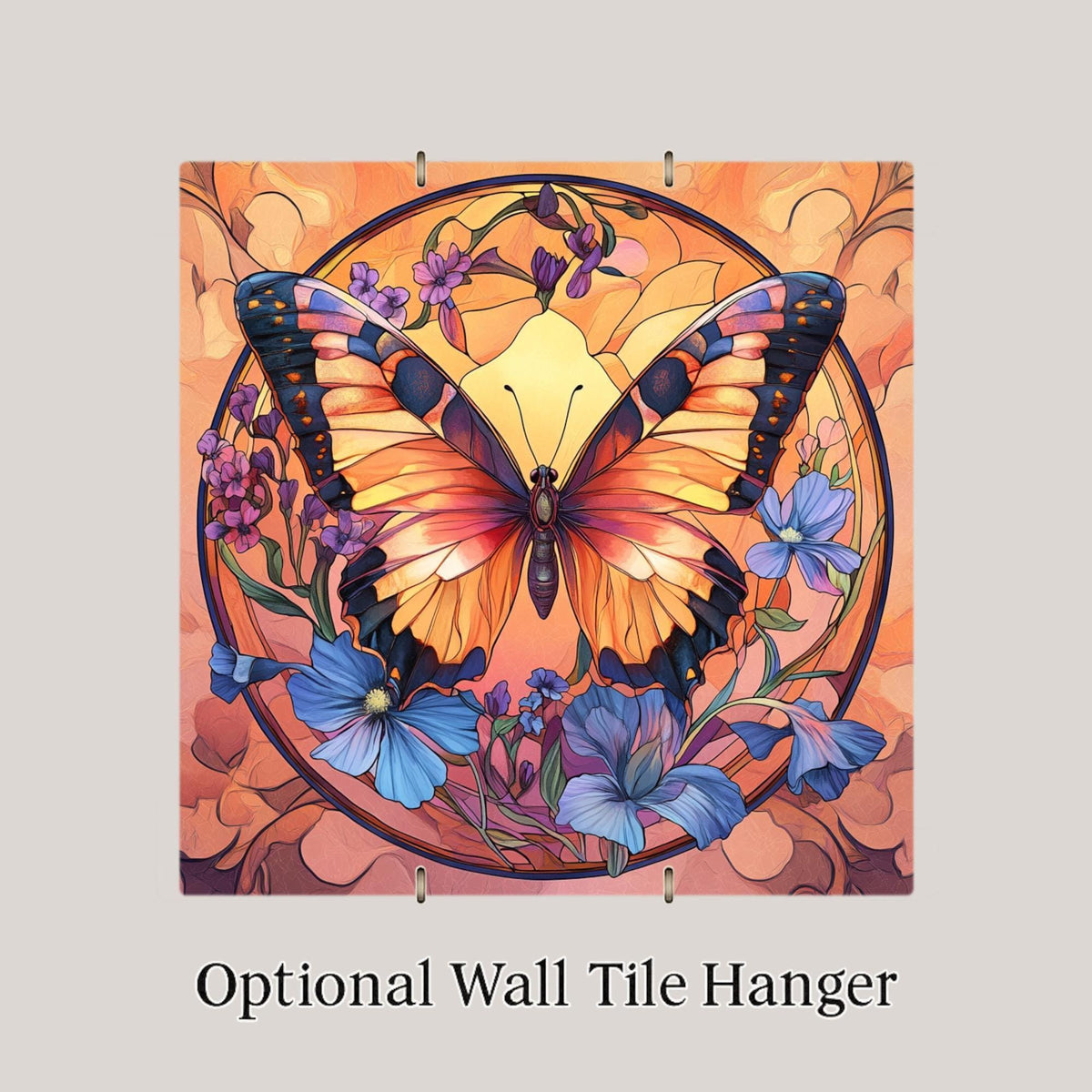 Butterfly Stained Glass Style Ceramic Art Tile – Colorful Floral Wall Decor, Warm Sunset Nature Accent