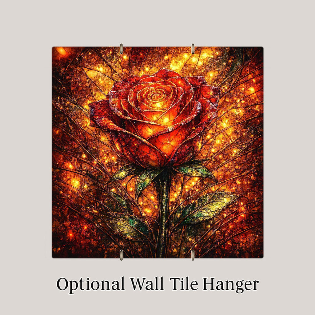 Glowing Rose Ceramic Tile Wall Art – Stained Glass Style Floral Home Decor, Romantic Botanical Art, Gift for Love & Anniversary