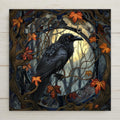 A mysterious raven perches beneath autumn leaves in this stained glass-style ceramic tile wall art. Perfect for Halloween, witchy décor, or gothic homes and home decor. Vivid print with optional tile wall hanger, cork backing, or easel tile stand for wall decor display.