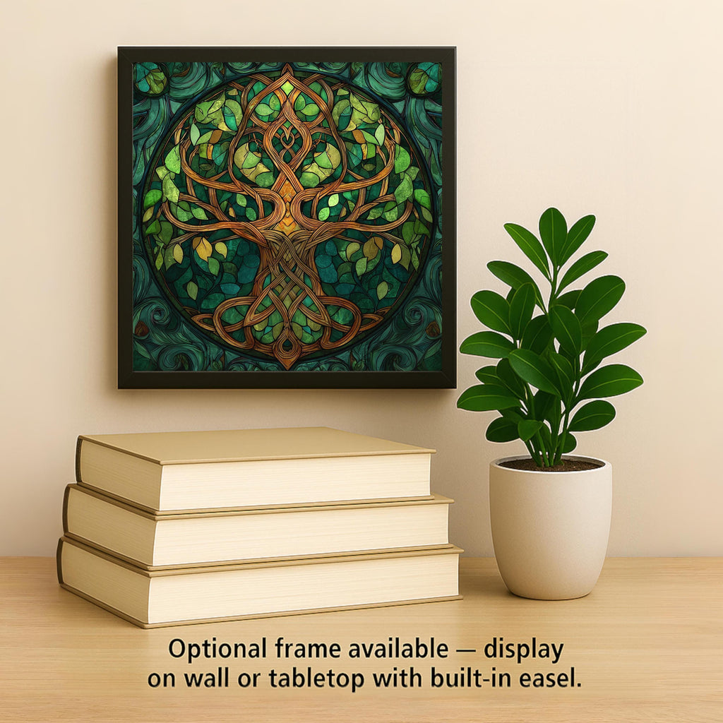 Tree of Life Wall Art Ceramic Tile – Celtic Stained Glass Style Nature Decor – Green Spiritual Wall Decor