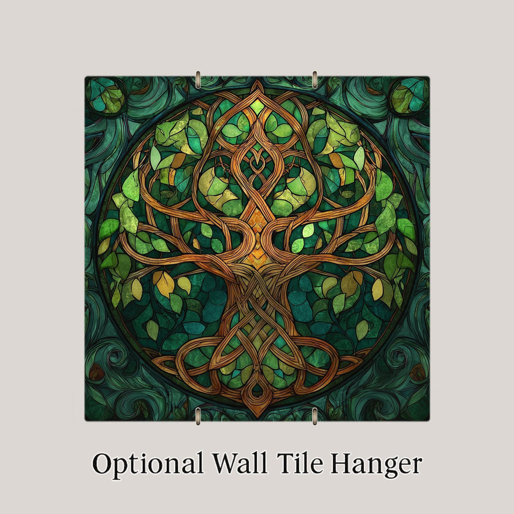 Tree of Life Wall Art Ceramic Tile – Celtic Stained Glass Style Nature Decor – Green Spiritual Wall Decor