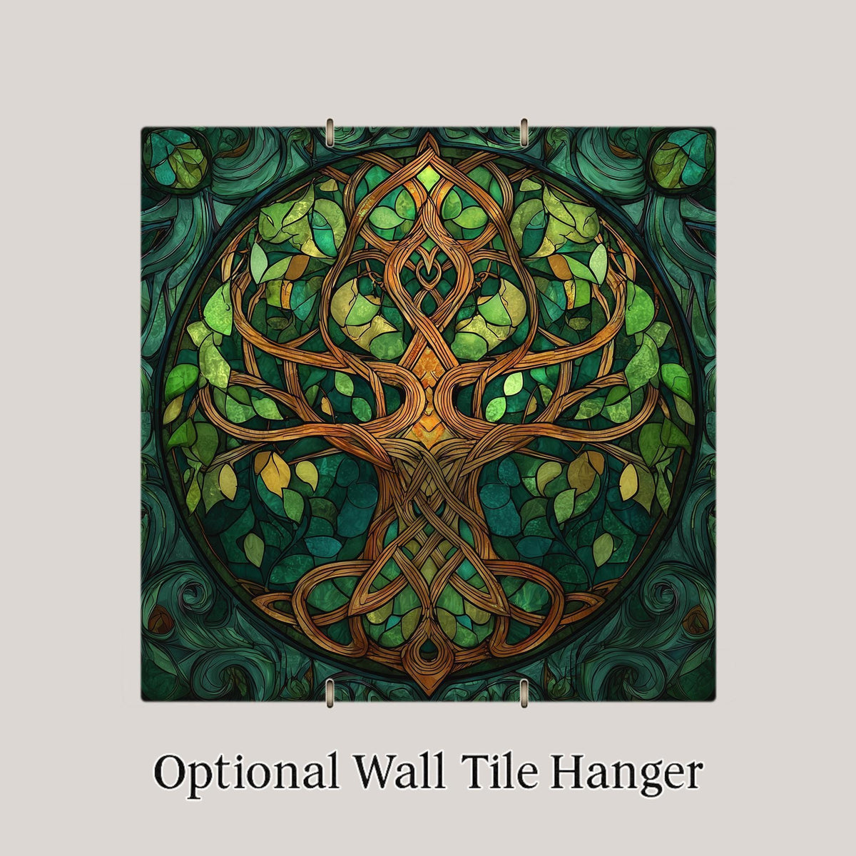 Tree of Life Wall Art Ceramic Tile – Celtic Stained Glass Style Nature Decor – Green Spiritual Wall Decor
