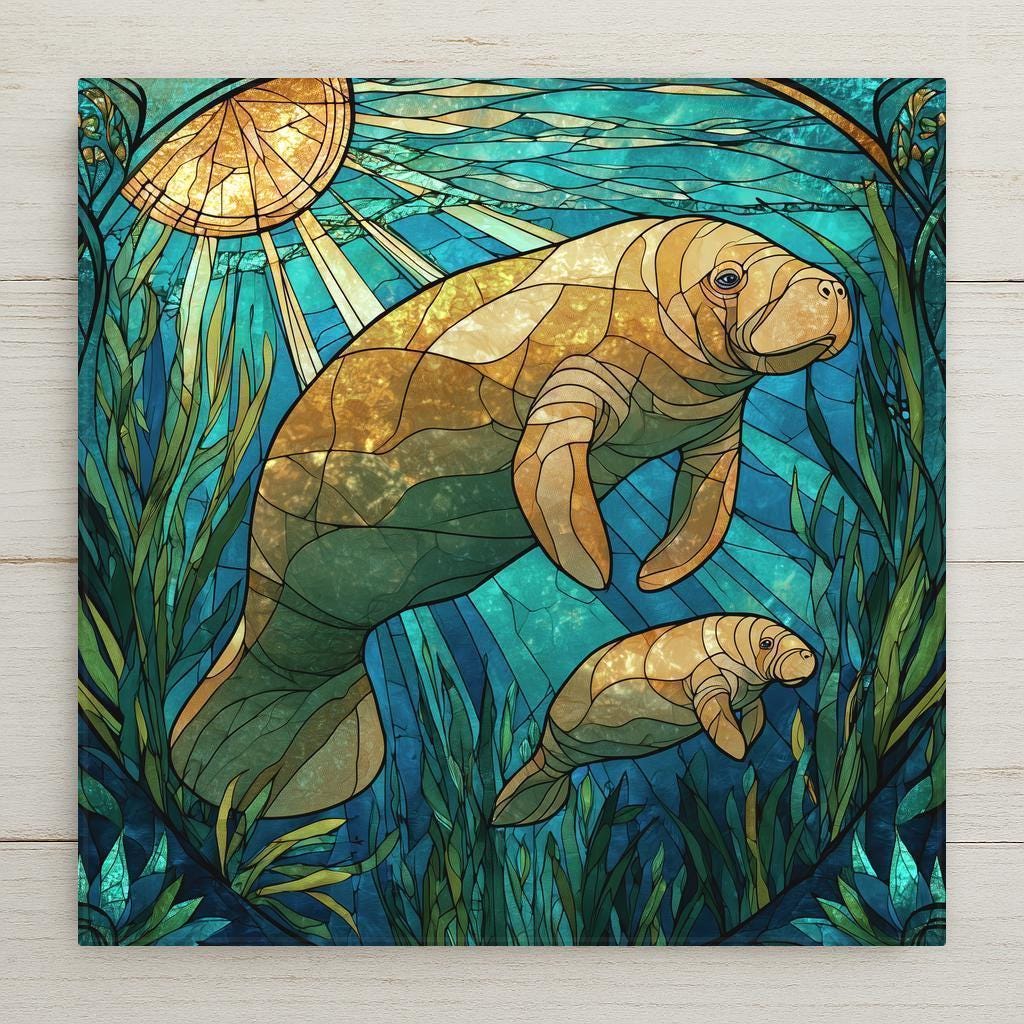 Stained glass style ceramic tile featuring two manatees swimming through teal ocean water with sunlight beams and underwater plants.