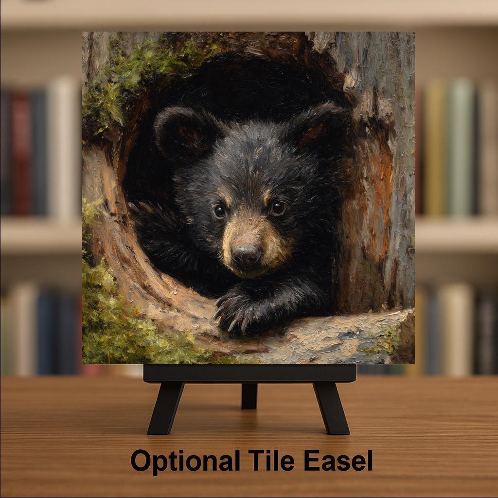 Black Bear Cub Ceramic Art Tile – Woodland Wildlife Wall Decor, Rustic Cabin Nature Lover Gift