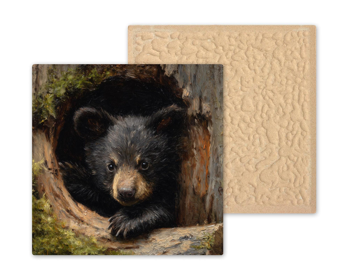 Black Bear Cub Ceramic Art Tile – Woodland Wildlife Wall Decor, Rustic Cabin Nature Lover Gift