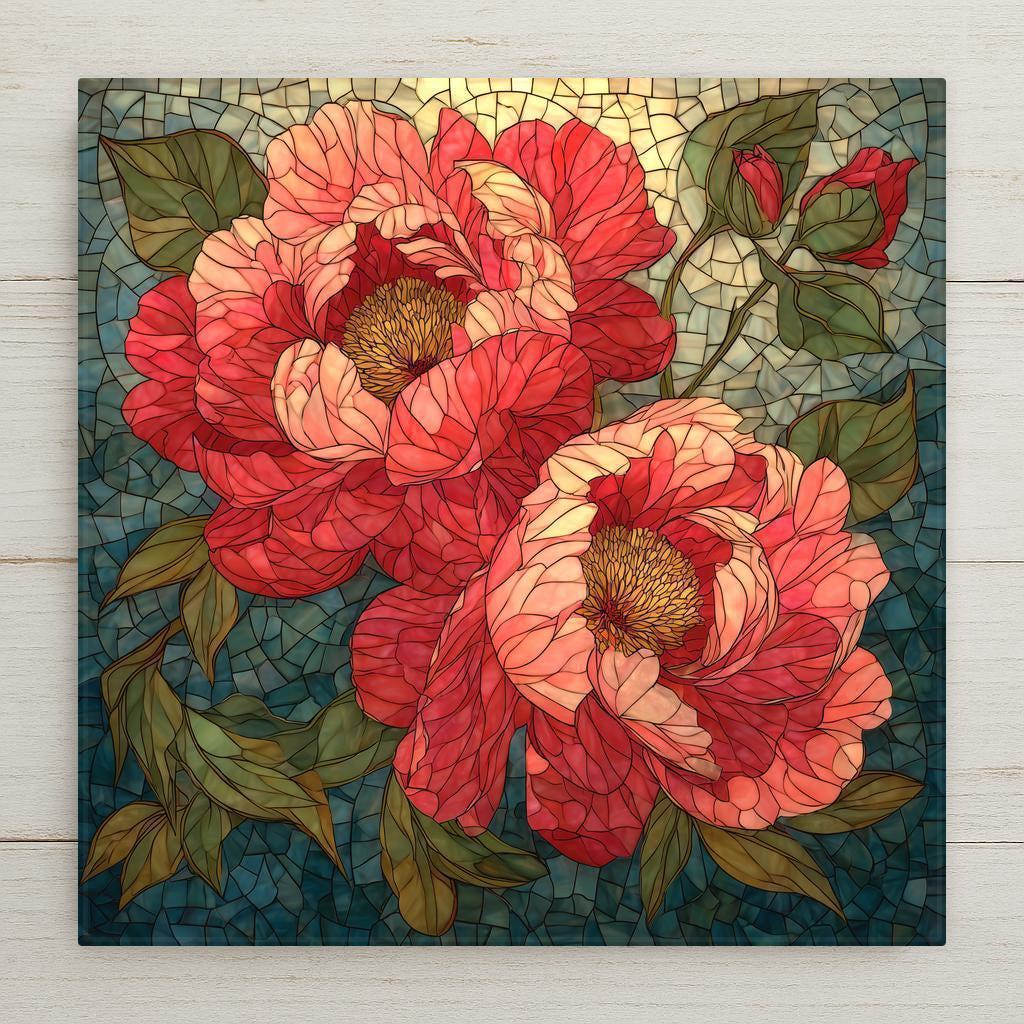 Stained-glass-style peony ceramic tile with vibrant red and blush petals, golden centers, and rich green leaves. This is a permanent print on ceramic, not real stained glass. Perfect for floral décor and botanical gifts. Optional tile wall hanger, easel tile stand, cork backing, and premium frame available.