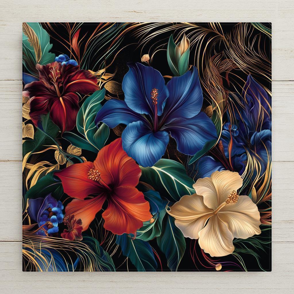 Infuse your space with dramatic beauty and vintage elegance. This ceramic tile features a rich tapestry of blooming hibiscus and lilies in vivid sapphire, crimson, amber, and gold. Designed in an ornate Baroque-meets-Art-Nouveau style, every detail is alive with energy—from swirling golden filigree to lush tropical foliage.