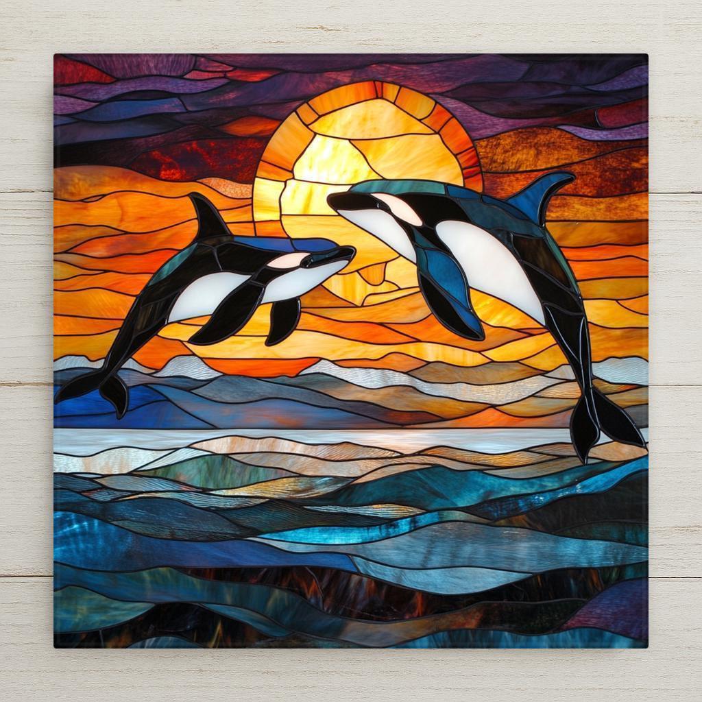 Jumping orcas leap across a glowing sunset sea in this stained-glass-style ceramic tile. A perfect gift for marine wildlife and ocean lovers.