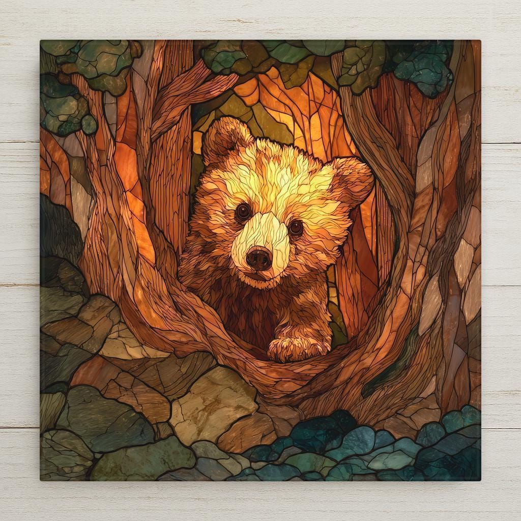 Stained glass style bear cub ceramic tile with an adorable young bear in a warm amber and cobalt dappled woodland clearing, autumn leaves and forest ferns, a vivid baby bear and woodland animal cabin art gift.