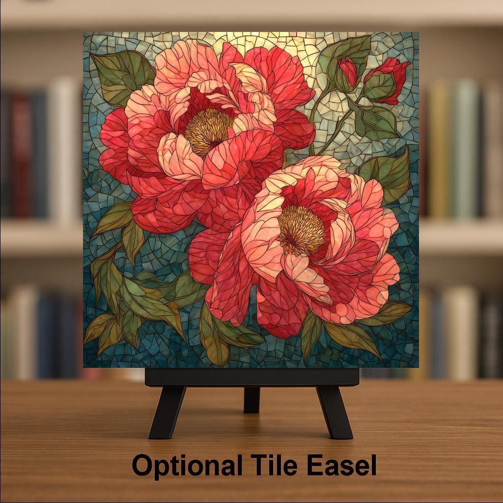 Peony Wall Art Ceramic Tile Floral Gift Botanical Decor Garden Art Stained Glass Style Peony Lover Gift Tile