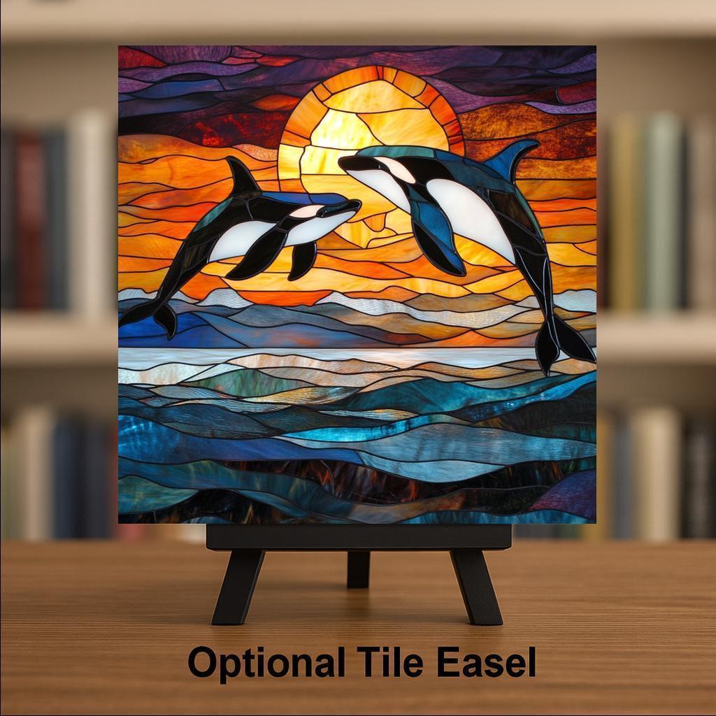 Orca Stained Glass Style Ceramic Art Tile: Coastal Wall Decor Beach House Accent Ocean Home Decor Wall Art Killer Whale Ocean Marine Coas