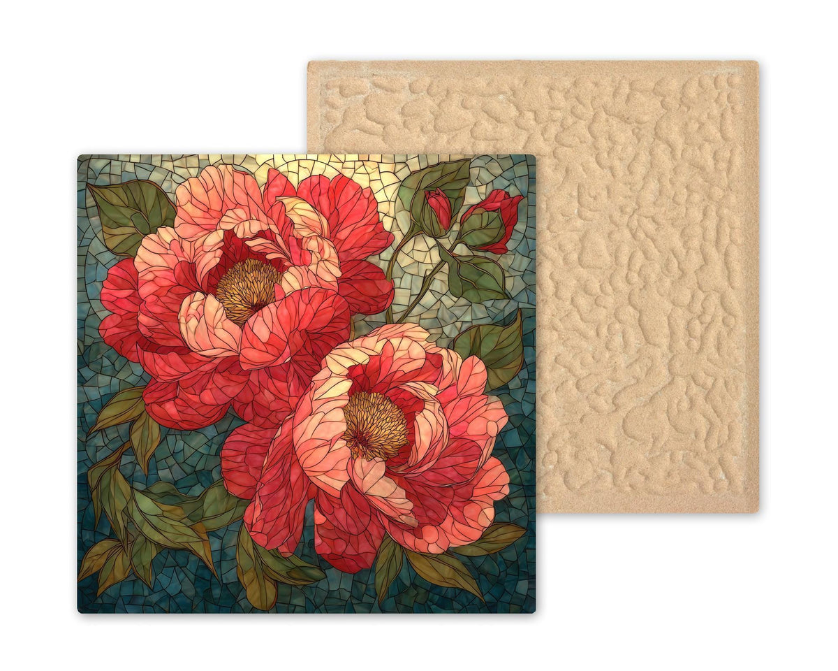 Peony Wall Art Ceramic Tile Floral Gift Botanical Decor Garden Art Stained Glass Style Peony Lover Gift Tile