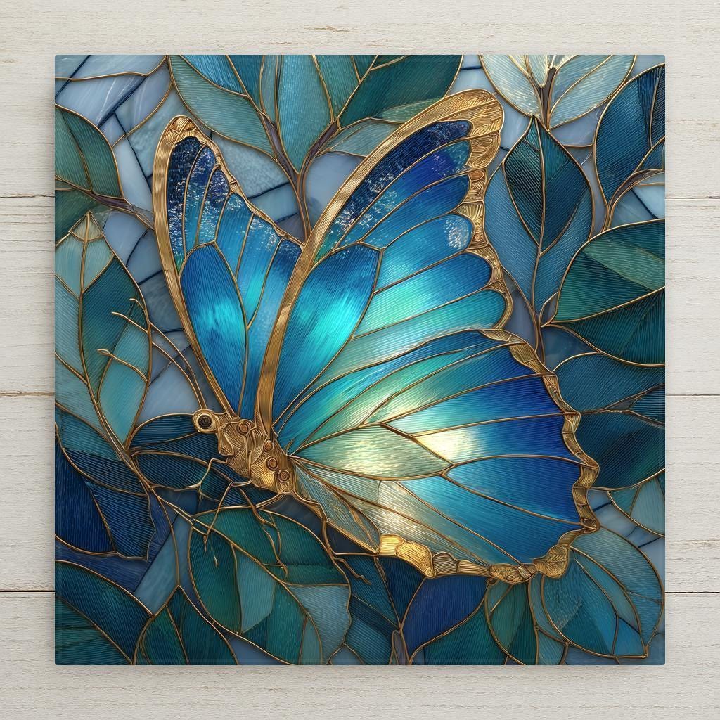 stained glass style blue butterfly with gold accents on mosaic leaves