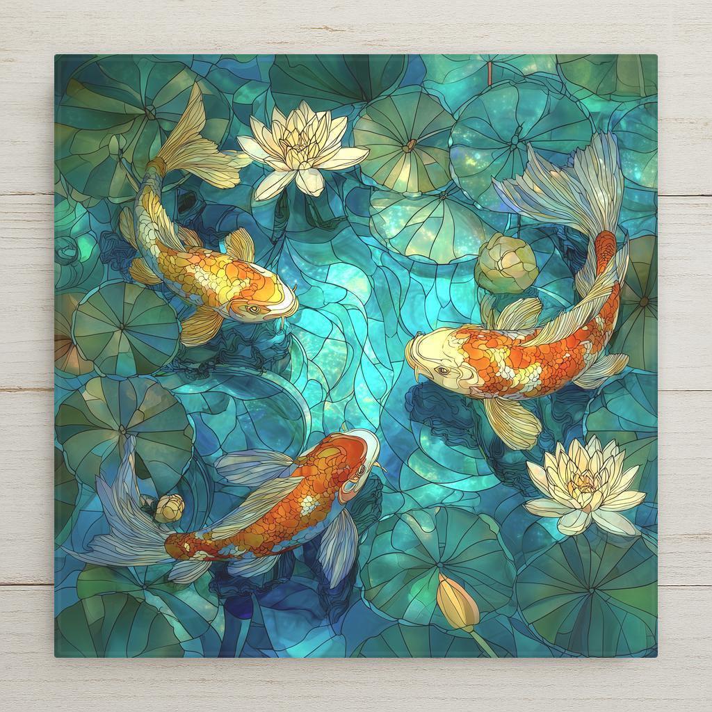 A peaceful stained glass–style koi fish ceramic tile featuring three koi swimming through a glowing lotus pond. Beautiful for Zen décor, bathrooms, meditation spaces, and nature-themed rooms. Display on a stand, hang with an optional tile wall hanger, or add cork backing for a polished finish. A perfect gift for koi and nature lovers.