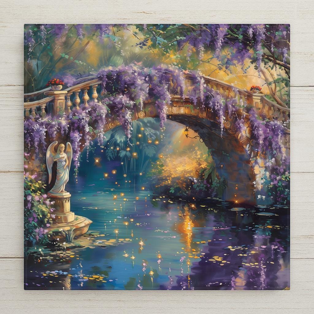 Garden bridge ceramic tile featuring cascading purple wisteria flowers over a reflective pond with glowing golden light, fireflies, and a small angel garden statue.