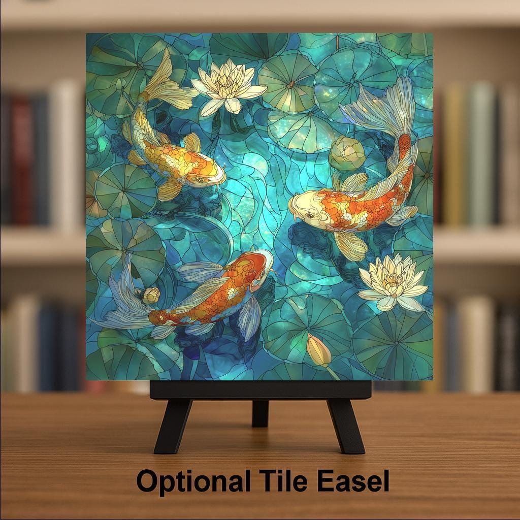 Koi Fish and Lotus Wall Art Ceramic Tile Stained Glass Style Japanese Art Zen Prosperity Gift Decor Art