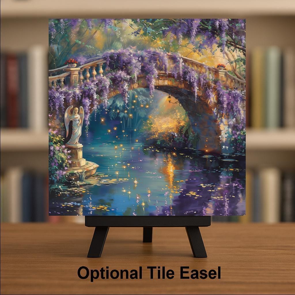 Wisteria Bridge Ceramic Art Tile – Purple Garden Wall Decor, Romantic Cottage Floral Nature Gift