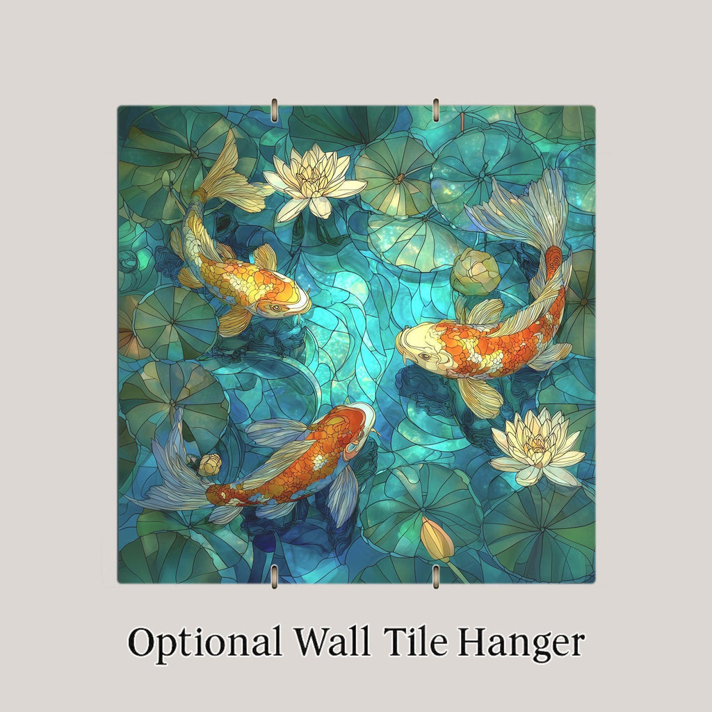 Koi Fish and Lotus Wall Art Ceramic Tile Stained Glass Style Japanese Art Zen Prosperity Gift Decor Art