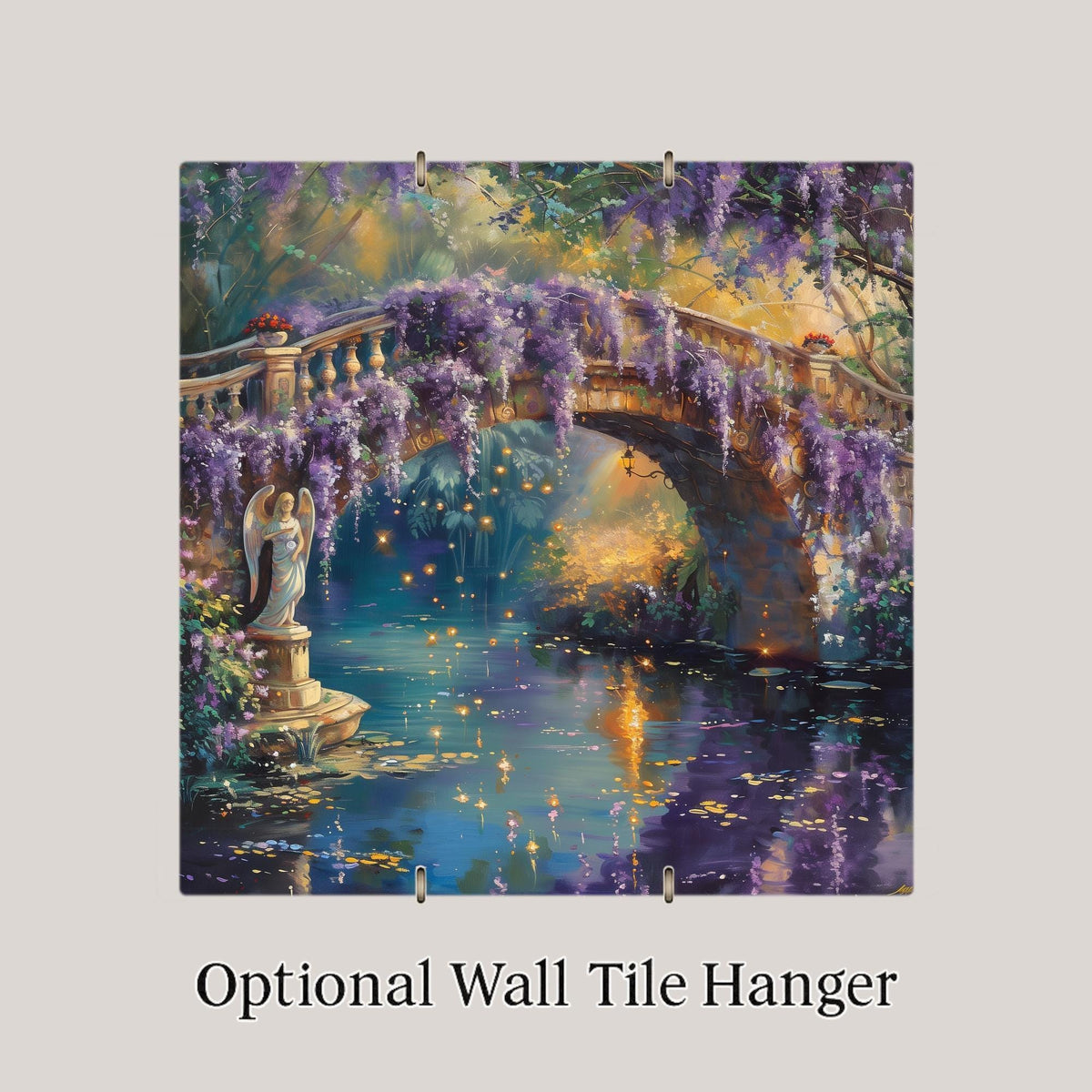 Wisteria Bridge Ceramic Art Tile – Purple Garden Wall Decor, Romantic Cottage Floral Nature Gift