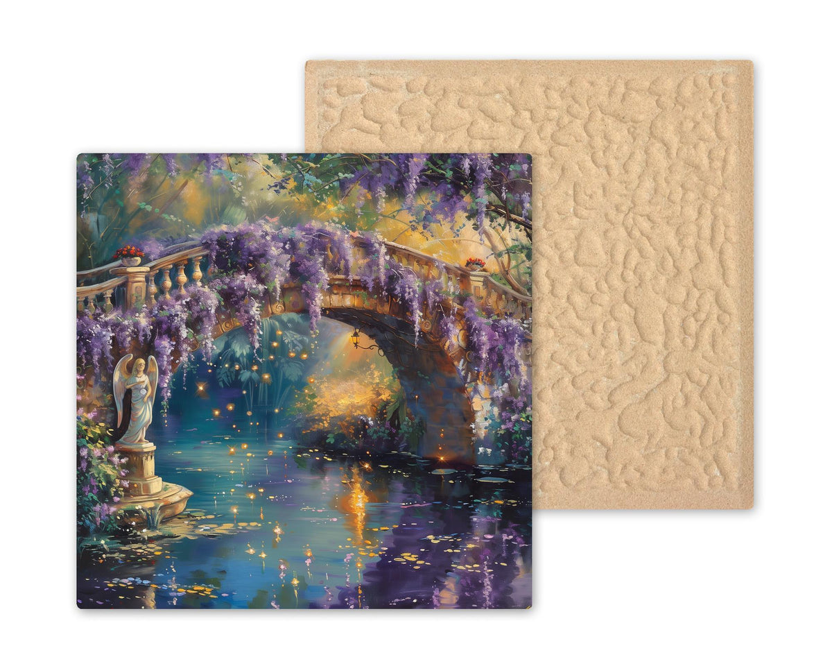 Wisteria Bridge Ceramic Art Tile – Purple Garden Wall Decor, Romantic Cottage Floral Nature Gift