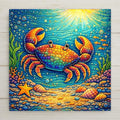 Colorful whimsical ceramic art tile of a rainbow dotted crab underwater with a starfish, shells, seaweed, and sun rays, vibrant coastal ocean nursery and beach house decor.