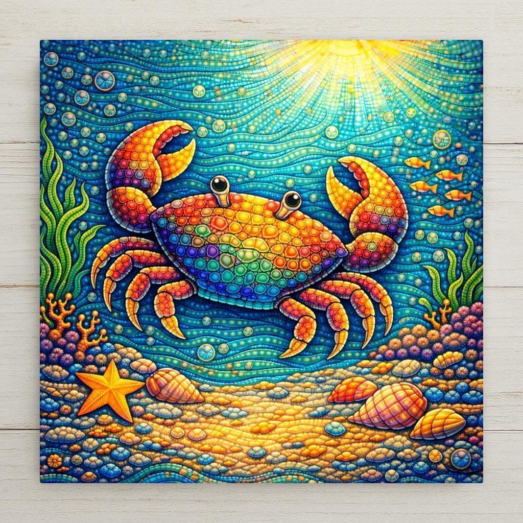 Colorful whimsical ceramic art tile of a rainbow dotted crab underwater with a starfish, shells, seaweed, and sun rays, vibrant coastal ocean nursery and beach house decor.