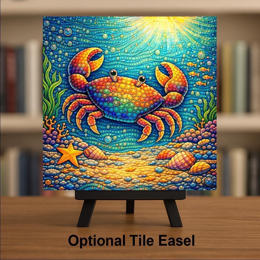 Whimsical Crab Ceramic Art Tile – Colorful Ocean Nursery Wall Decor, Coastal Beach Kids Accent