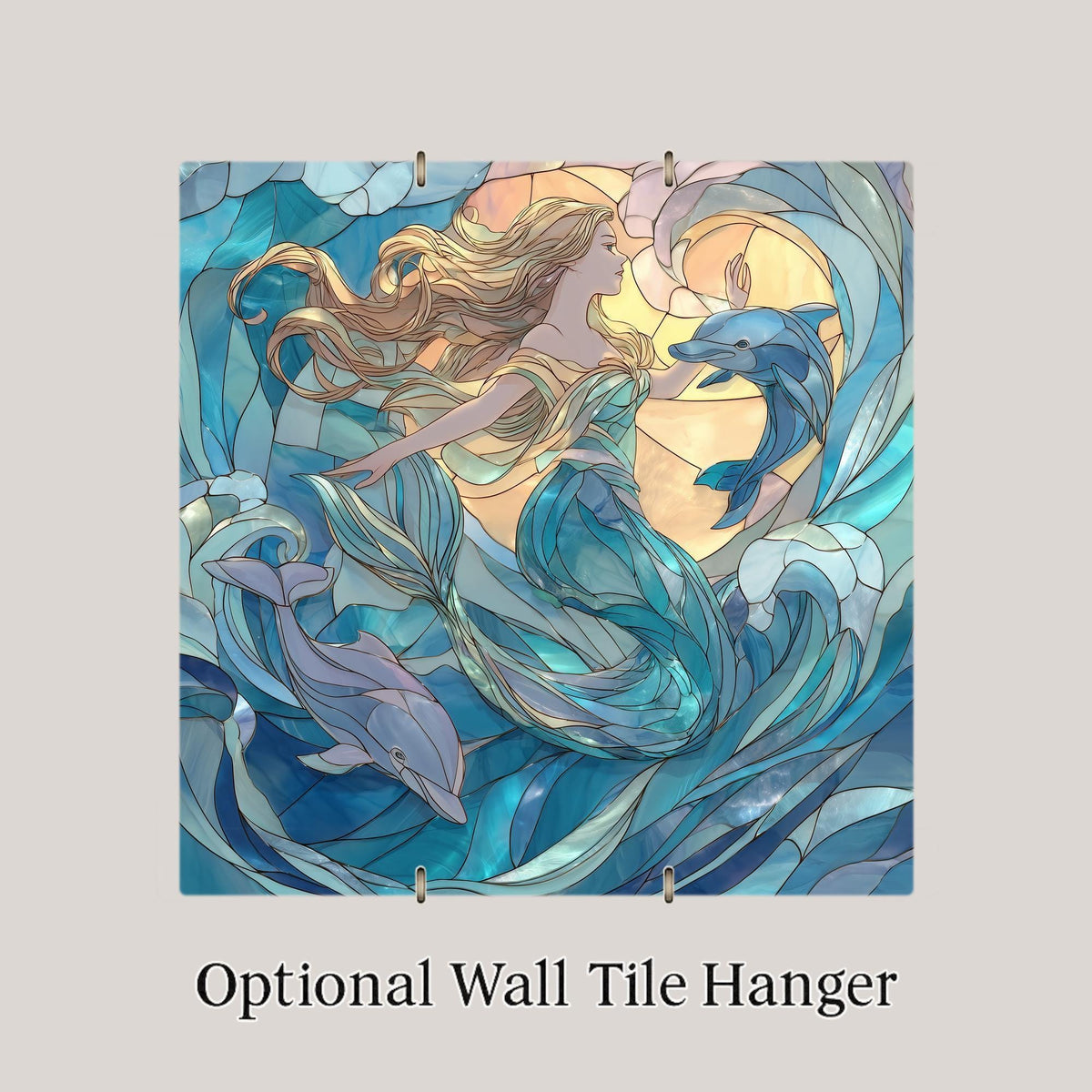 Mermaid Ocean Goddess Wall Art Ceramic Tile Stained Glass Style Mystical Sea Siren Dolphin Coastal Spiritual Decor