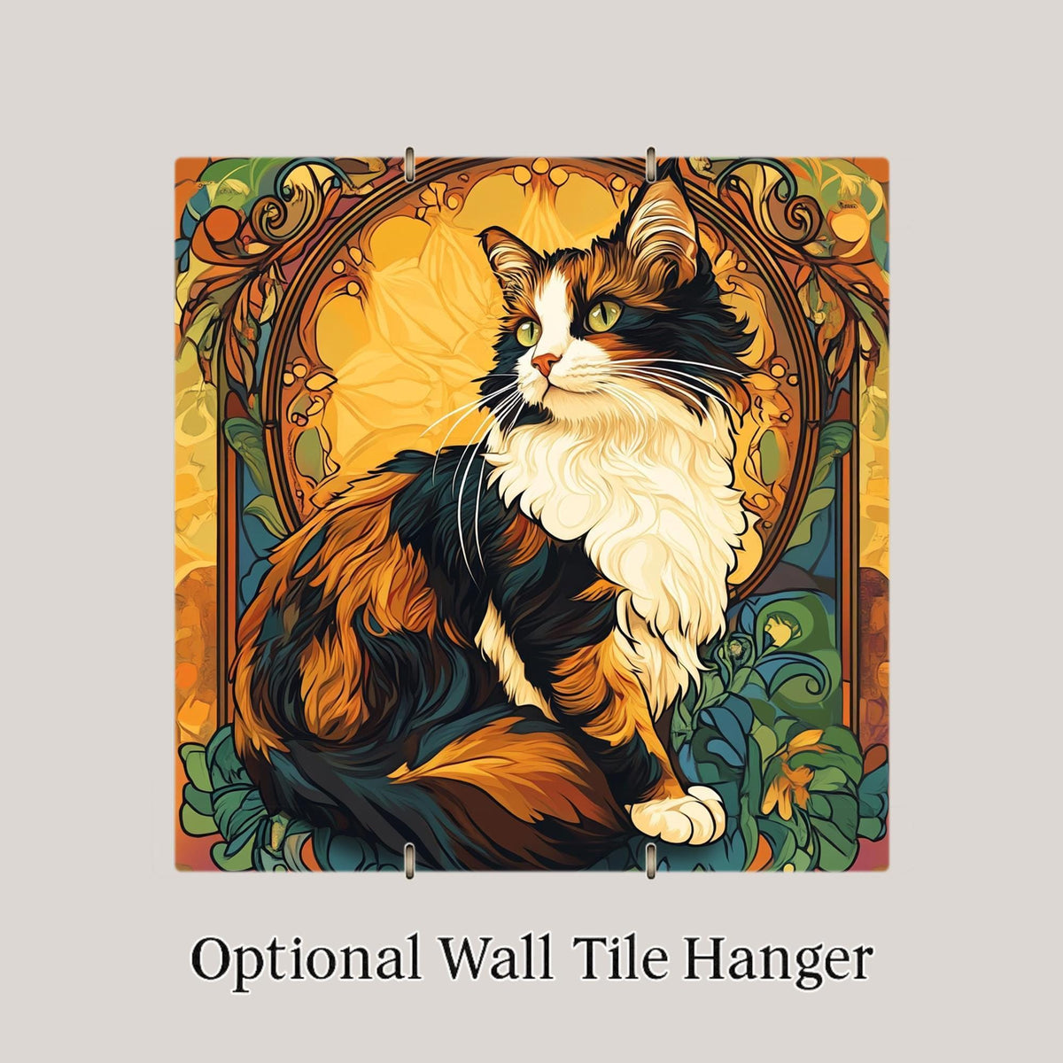 Calico Cat Wall Art Ceramic Tile Art Nouveau Decor Cat Memorial Tile Floral Cat Portrait Botanical Nature Art