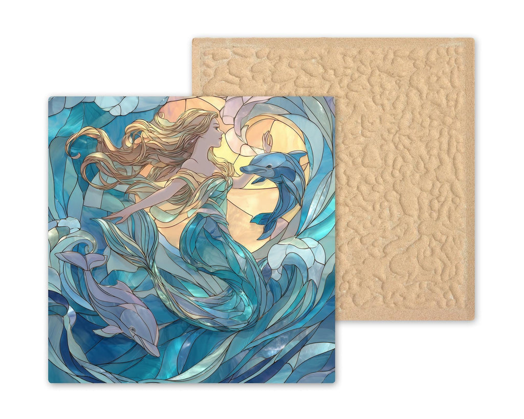 Mermaid Ocean Goddess Wall Art Ceramic Tile Stained Glass Style Mystical Sea Siren Dolphin Coastal Spiritual Decor