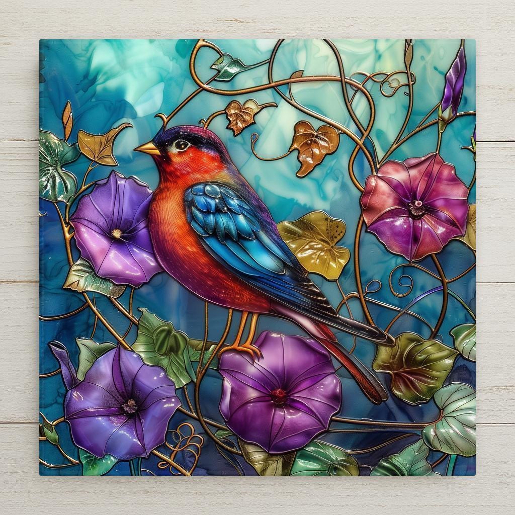 This red robin wall art tile features a luminous stained glass-style design with morning glories and a teal background. Permanent ceramic print home decor, not real glass. Optional cork backing, tile wall hanger, or easel stand available.