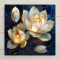 White magnolia flowers glowing with golden centers in stained glass style against a deep sapphire blue background, ceramic tile wall art.