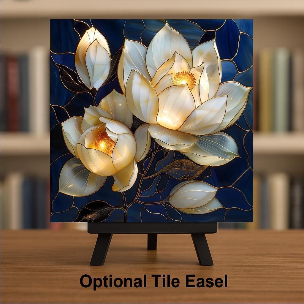 White Magnolia Wall Art Ceramic Tile Stained Glass Style Floral Decor Elegant Blue Botanical Home Gift Tile