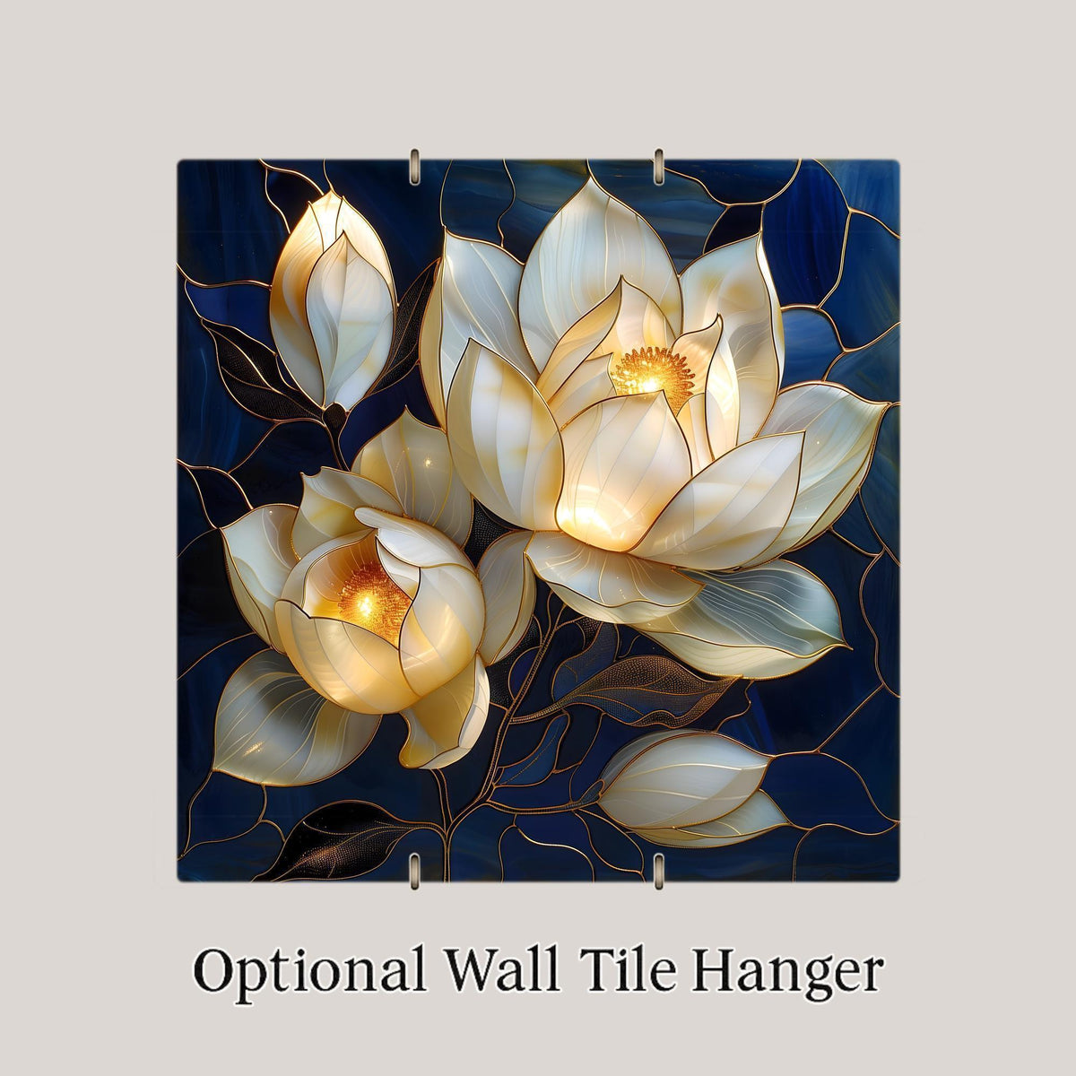 White Magnolia Wall Art Ceramic Tile Stained Glass Style Floral Decor Elegant Blue Botanical Home Gift Tile
