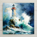 Watercolor-style ceramic tile of Les Éclaireurs lighthouse with crashing waves. Perfect for coastal, nautical, or beach house décor.
