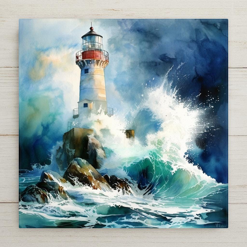 Watercolor-style ceramic tile of Les Éclaireurs lighthouse with crashing waves. Perfect for coastal, nautical, or beach house décor.