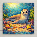 Whimsical baby seal nursery wall decor ceramic tile showing a smiling seal resting on the ocean floor with shells, starfish, coral, and soft sunlight. Colorful stained-glass style artwork designed for baby room decor, nursery wall art, coastal home decor, or a thoughtful baby shower gift.